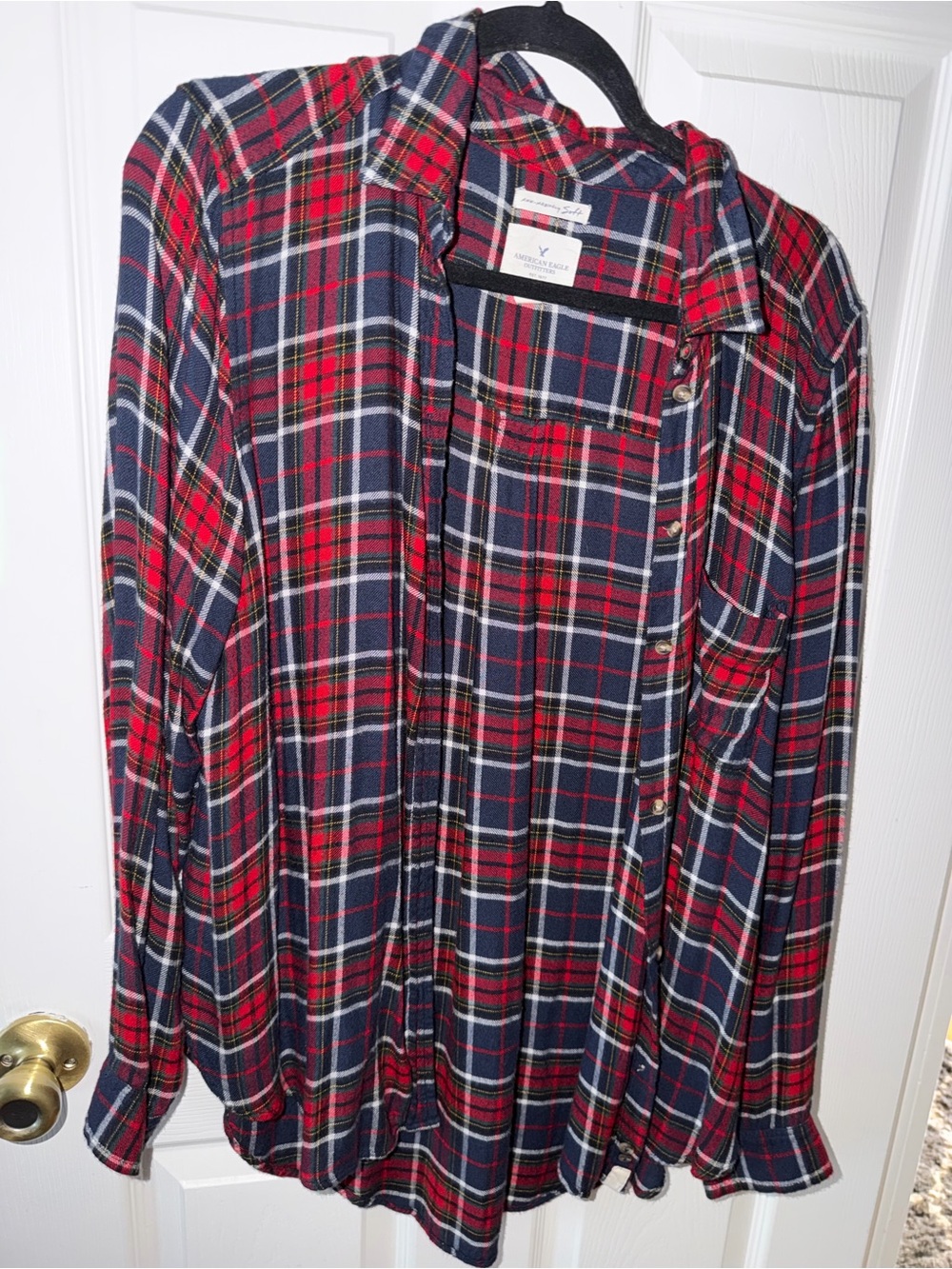 American Eagle Outfitters Women's Red & Navy Plaid Button-Down Shirt